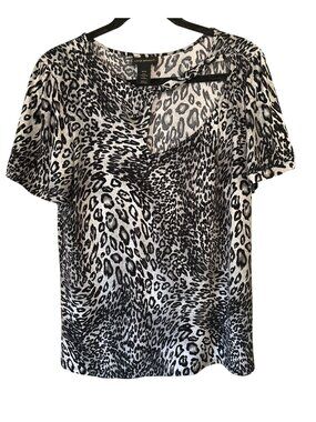 Women's Lane Bryant Black Grey Leopard Print Top 14/16 Cut Out Short Sleeve VGC